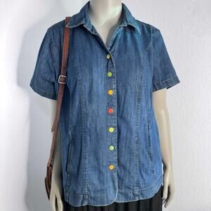 Y2K Denim Snap Shirt Plus Size 2X Rainbow Snap Western Cottagecore CJ Banks